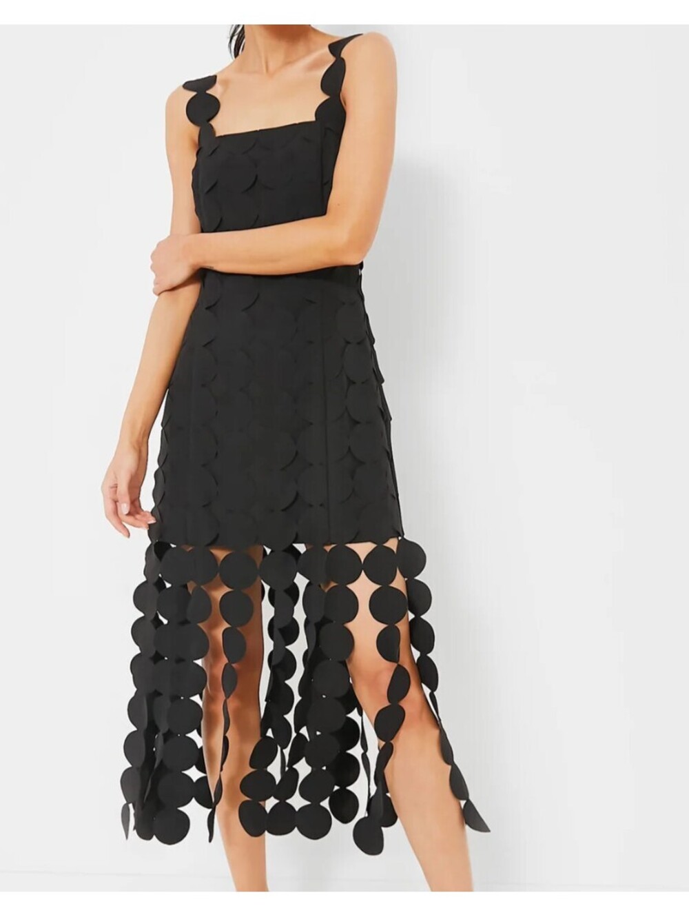 HYACINTH HOUSE black circle Mercedes midi fringe dress sz S